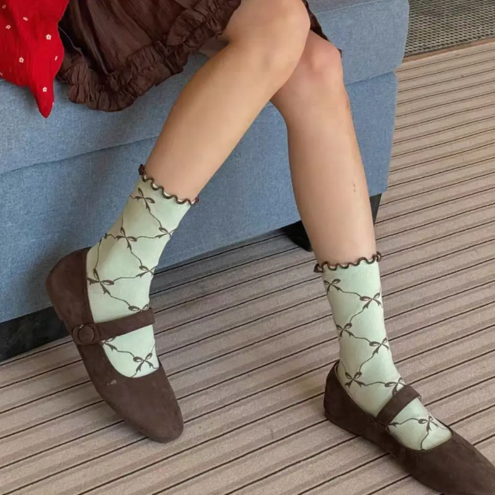 

5Pairs Thin Cotton Ruffle Bow Socks Ins Style Lolita Mid Tube Socks Breathable Female Hosiery Sweet Socks Women Streetwear