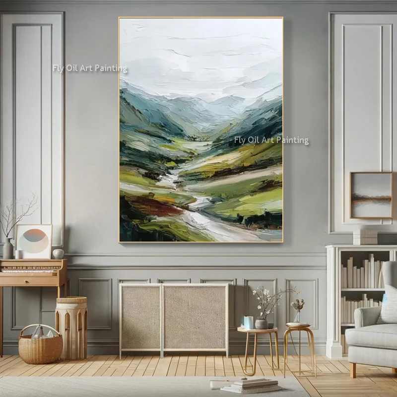 Modern Green Landscape Mountains Wall Art Decor For Home Hall Handpainted Grey Green View Oil Painting New Design Artwork