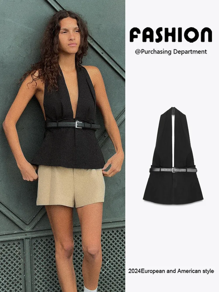 

Модный женский новый модный осенний 2025 с открытыми плечами Ne, подвесной ремень, одинаковый топ, универсальная женская одежда