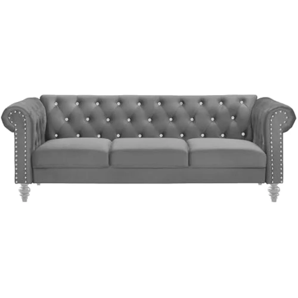 Glam Emma Velvet Three Seater Chesterfield Style Sofa for Small Spaces with Crystal Button Tufts, Gray