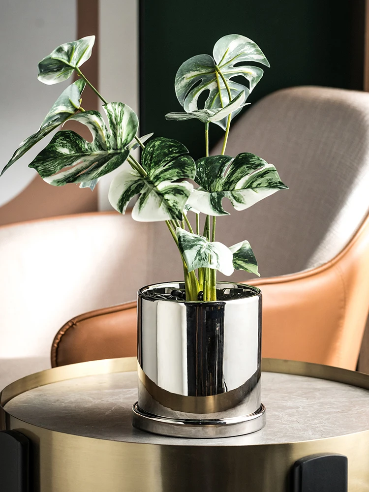 Silver Ceramic Flower Pot Luxury Glossy Living Room Decorations Green Plant  Orchid Special Set Home Base Included