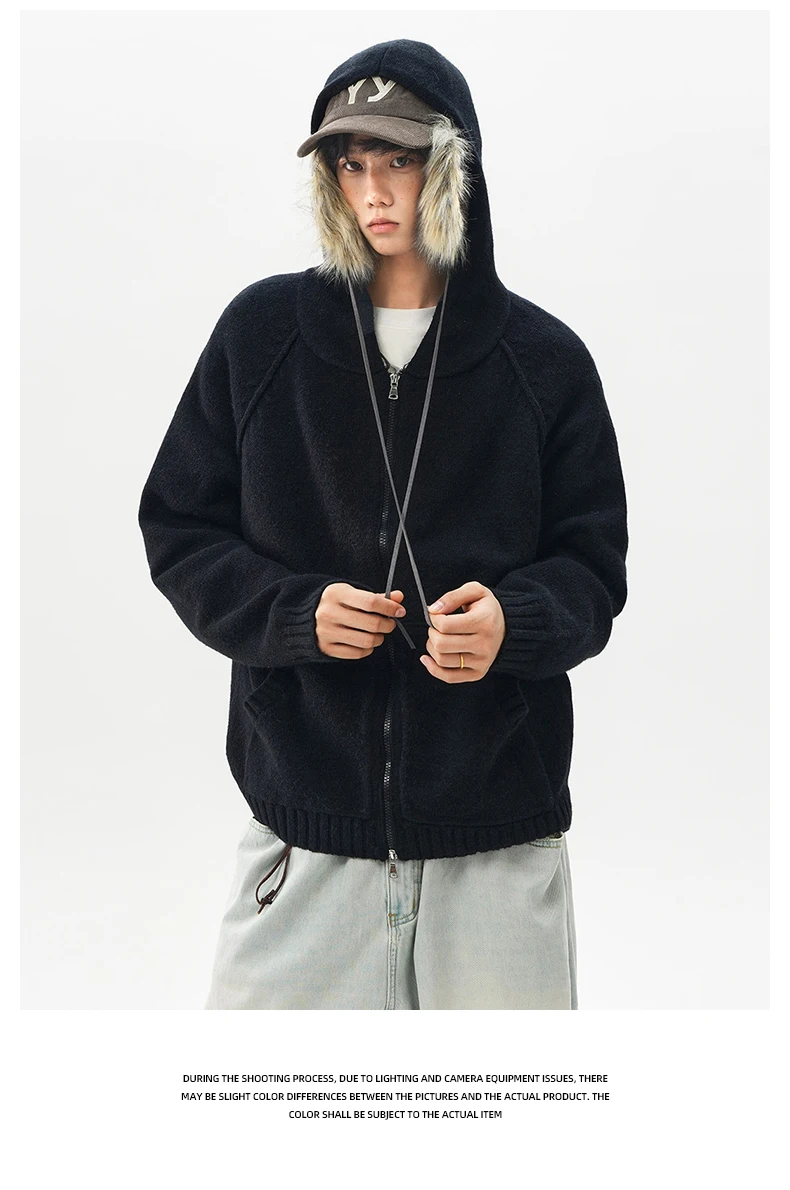 American Retro Gray Sweater Jacket Stylish Men's Autumn Winter New High-end Youth Trendy Hooded Knitwear