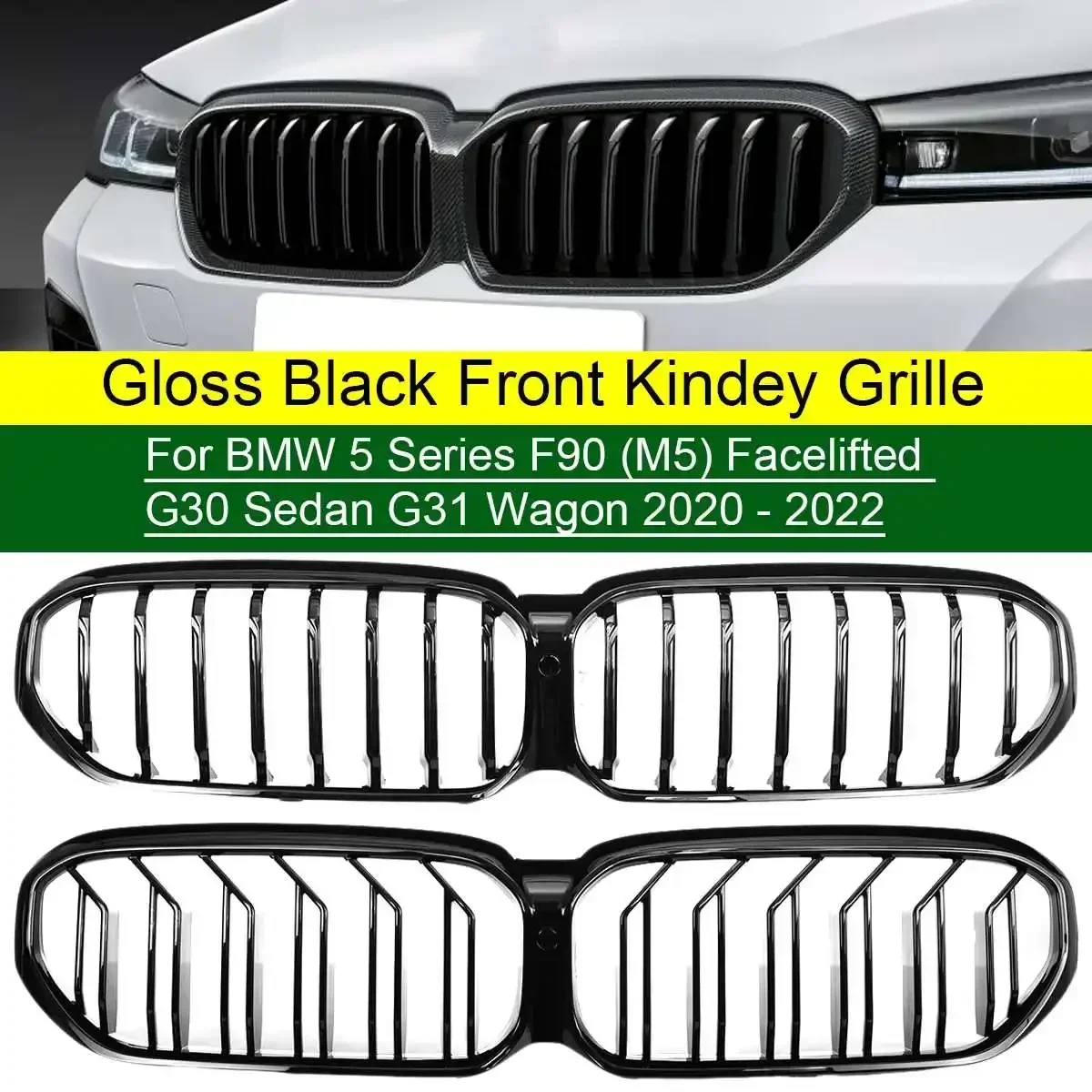 

Gloss Black Front Kindey Grille For BMW 5 Series Facelifted G30 Sedan G31 Wagon F90 (M5) 2020 2021 2022 Double Line Body Kit