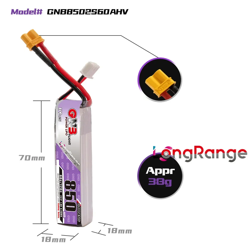 GAONENG GNB LiPo Battery 850mAh 2S 7.6V 60C Long Range With XT30 Plug  For RC FPV Whoop Frame Kit Tinywhoop Racing Drone view 2