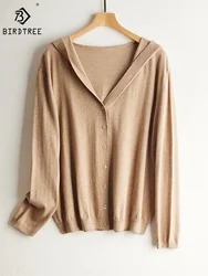 Birdtree 63.9% Silk Cashmere Blended Cardigan Hooded Loose Long Sleeve Knitted Coat Solid Casual Women's Top Autumn New T38533QM