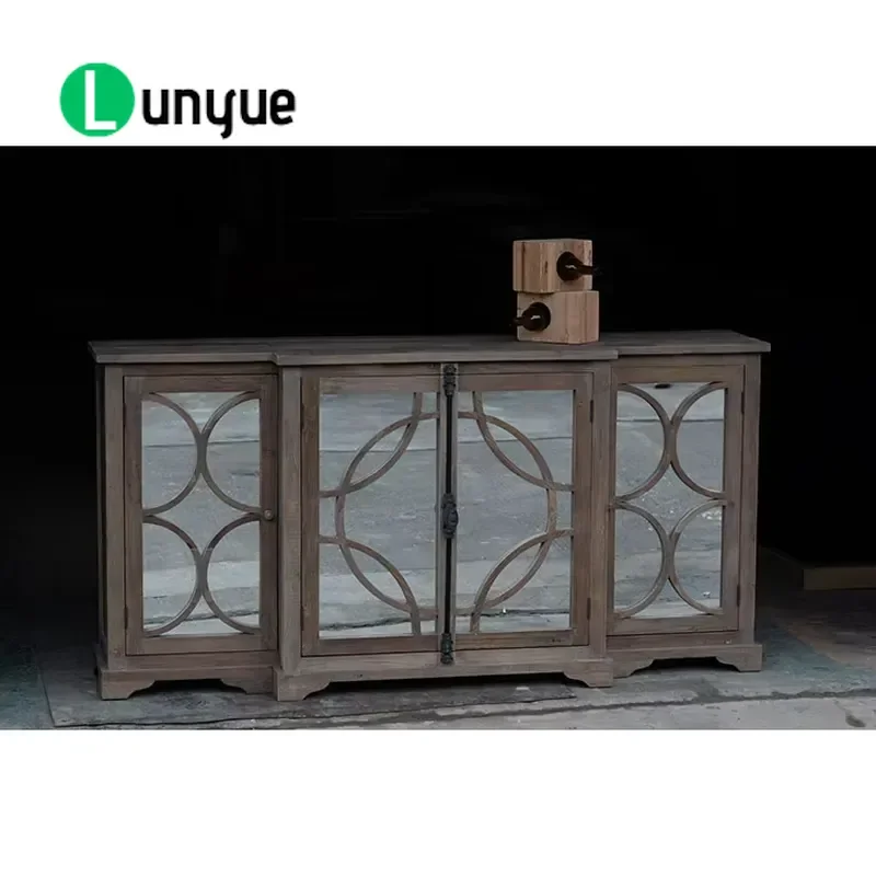 Luxury Country Antique Classical Retro Style Recycled Elm Sideboard Beverage Cabinet Accent Furniture for Living Room Dining