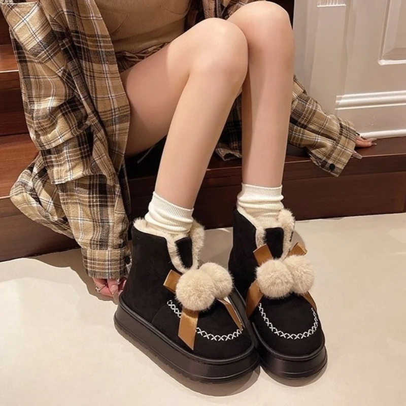 Winter Cute Bow Chunky Snow Boots for Women Round Toe Plush Woman Shoes Padded Y2k High Quality on Offer 2025 Novelty Footwear