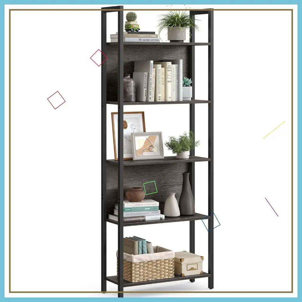 5-Tier Industrial Bookshelf with Steel Frame, 9.4x24.4x65 Inches, Charcoal Gray for Living Room Office