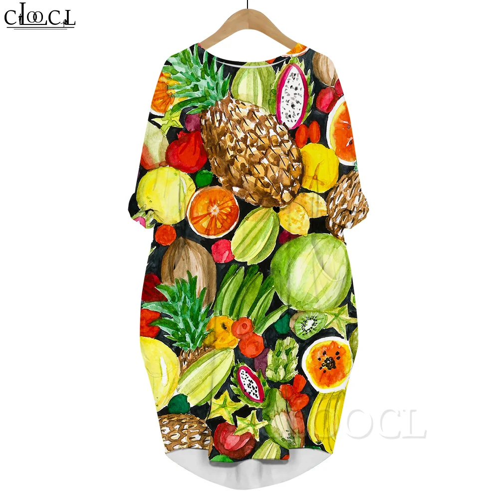 

CLOOCL Summer Party Dresses Loose Long Sleeve Midi Dress with Pocket Oversized Robe Femme Hawaii Fruit Printed Vestidos