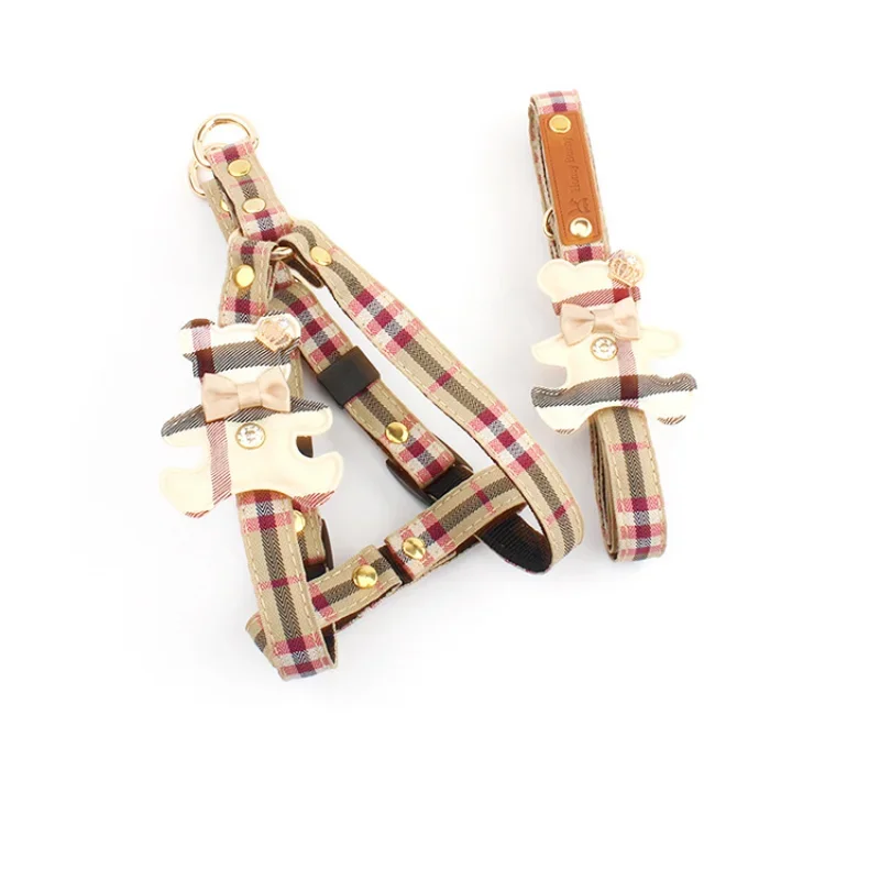 British Style Pet Vest Collar Set Dog Harness Leash 2-Piece Set for Teddy Chihuahua Cats - Lovely Dog Accessories Pet Supplies