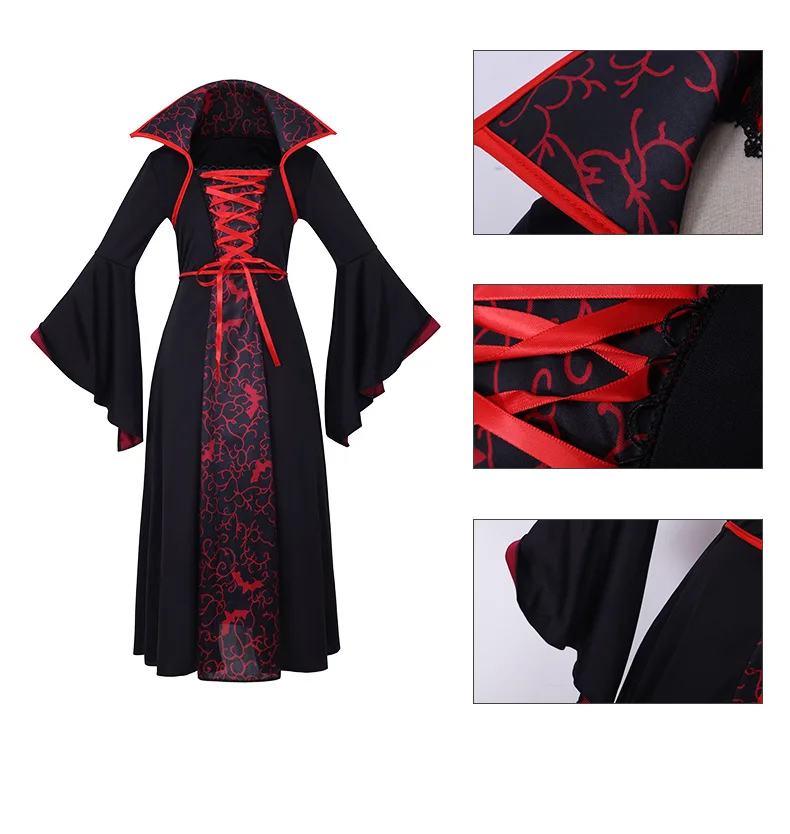 Girls Vampire Bride Cosplay Long Dress Kids Gothic Role‑Play Outfit with Flower Headwear Halloween Fancy Costume for Carnival image 6