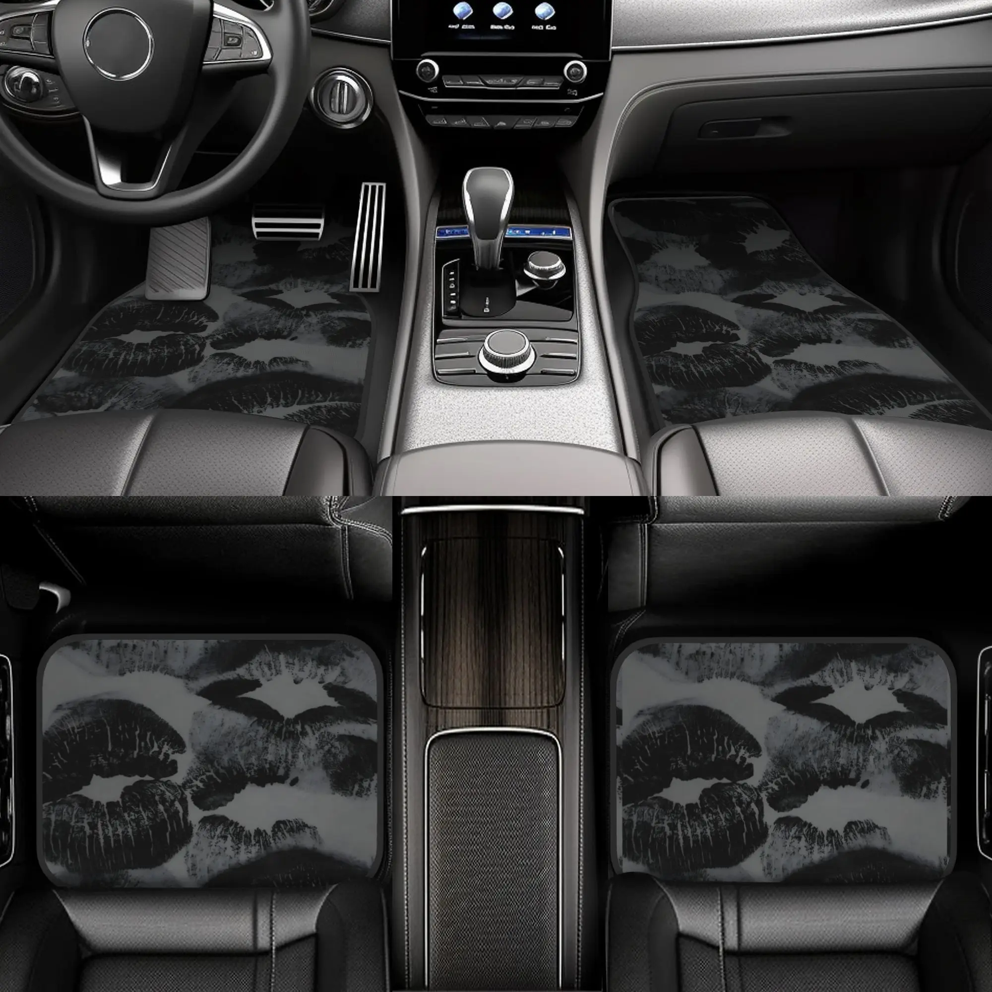 4pcs Black And White Lip Print Design Premium Car Floor Mats - Universal Fit, Easy-to-Clean Complete Car Interior Accessories