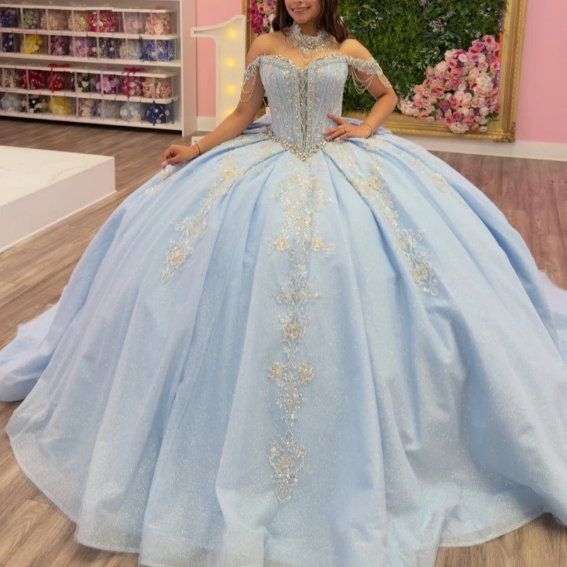 

Sky Blue Shiny Ball Gown Quinceanera Dresses Applique Lace Beading Crystal Tull Bow Corset Off Shoulder Sweet 16 Dress vestidos
