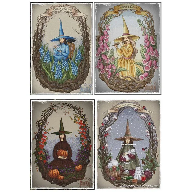 Amishop Gold Collection Lovely Counted Cross Stitch Kit Witch Wizard Fairy Spring Summer Autumn Winter Time Four Seasons Season