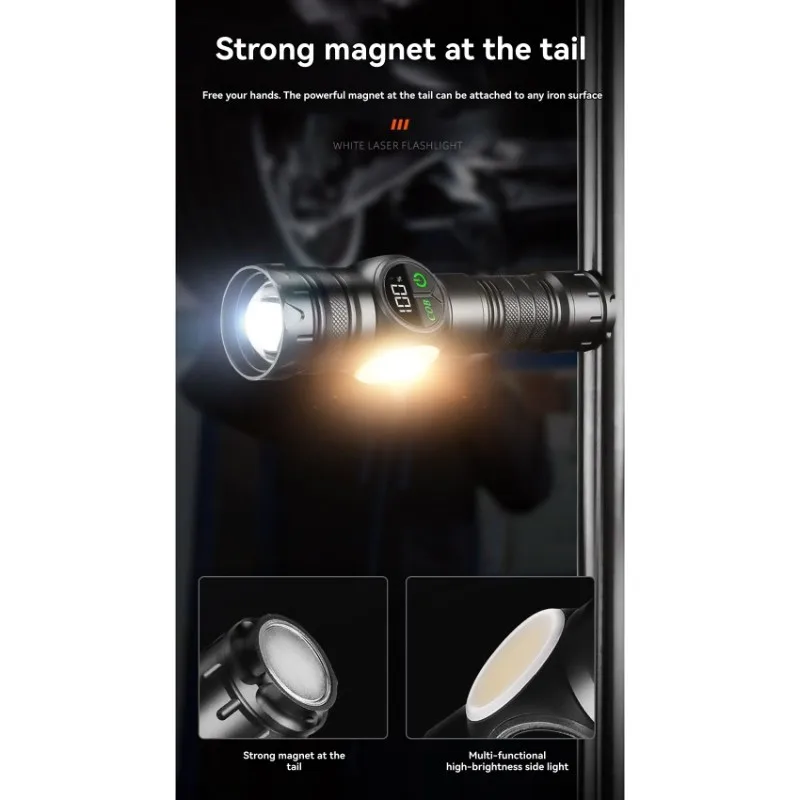 A08P-Laser Flashlight With Dual Light Source, Multifunctional Aluminum Alloy Design, 500M Range And Magnetic Base