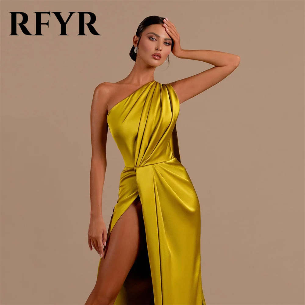 RFYR Gold Prom Dress Sleeveless One Shoulder Satin Evening Dresses Sexy Side High Split Party Dress With Pleats Robe De Soirée