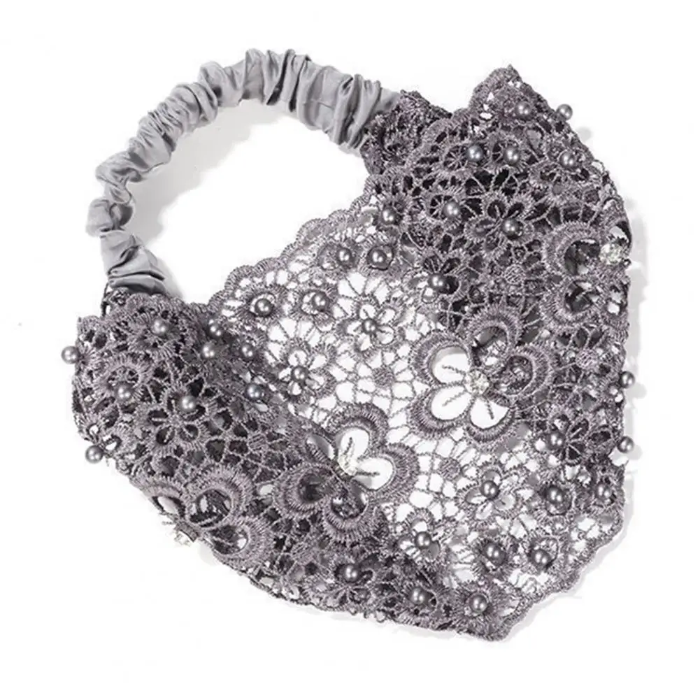 Faixa de cabeça de tecido elegante strass pérola bandana para mulheres oco flor padrão faixa de cabelo com alta elasticidade cabelo largo