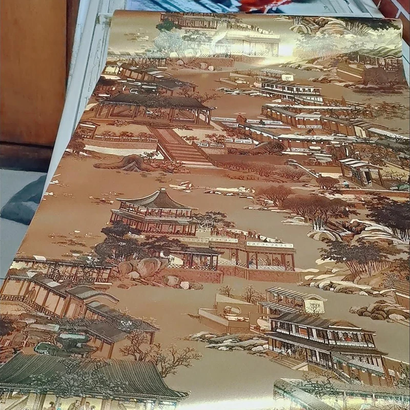 9.5M Qingming Shanghe Tu Wallpaper Chinese Classical Painting Golden Non-Self-Adhesive Wall Decoration Renovation Wall Sticker
