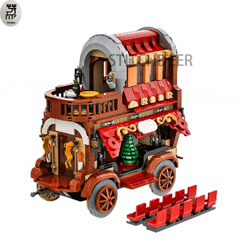 1079 pz MOC Caravan Theatre Mobile House assemblare modello carrozza Stage Building Blocks Puzzle giocattolo fai da te mattoni regali di festa