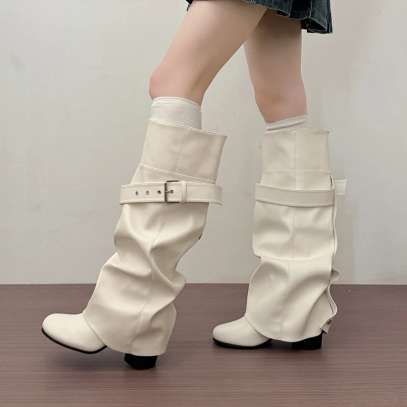 Women Round Toe Knee‑High Boots Faux Leather Shoes Pleated Buckle Strap Block High Heel Pull‑on 2026 Winter Casual Riding Boots