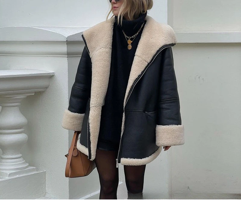 Women' Winter New Collection Collar Double Pocket Collar PU Coat Large Size Fashionable Loose Lamb Wool Fur One Piece Coat 2024