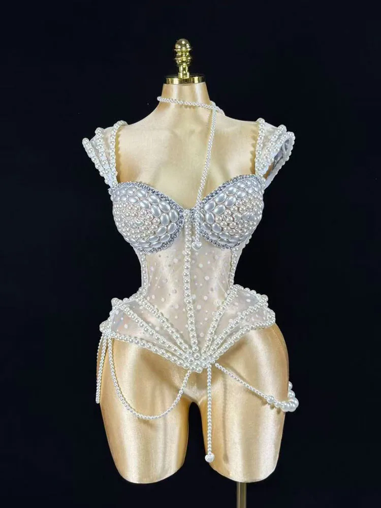 NEW GOGO White Pearl Show Girl Stage Sexy Women Nightclub Party Birthday Crop Tops Wear Singer Performance Drag Queen Costumes