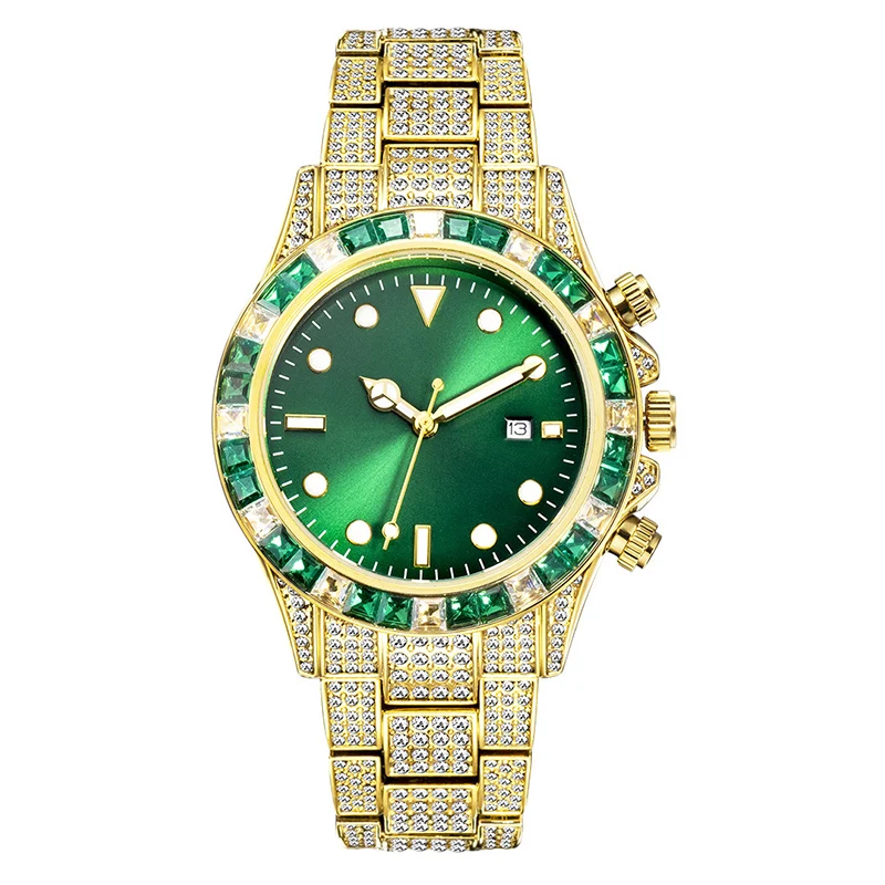 Hip Hop Bling Iced Out Stainless Steel Luminous Watch Date Quartz Wrist Waterproof Watches  for Men Rapper Jewelry Gift