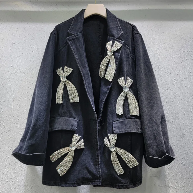 

Bow Shaped Denim Jacket Women Autumn 2024 Decorated Europea America Rhinestones Denim Suit Black Jacket Loose Collar Top New