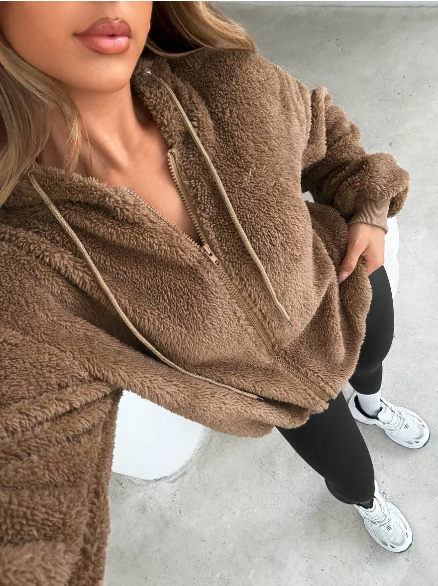 Women's autumn and winter hooded sweatshirt jacket with velvet zipper cardigan top black gray loose 