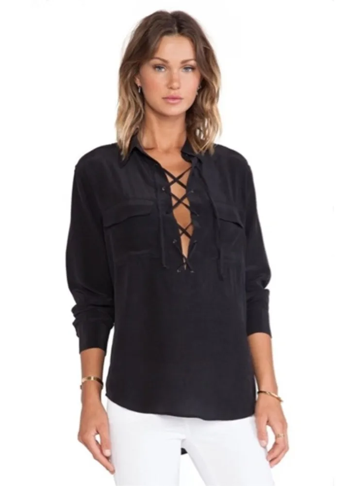 

Bella Philosophy 2025 Spring Summer New Women's Chest-Bandage Pockets Chiffon Blouse Shirt