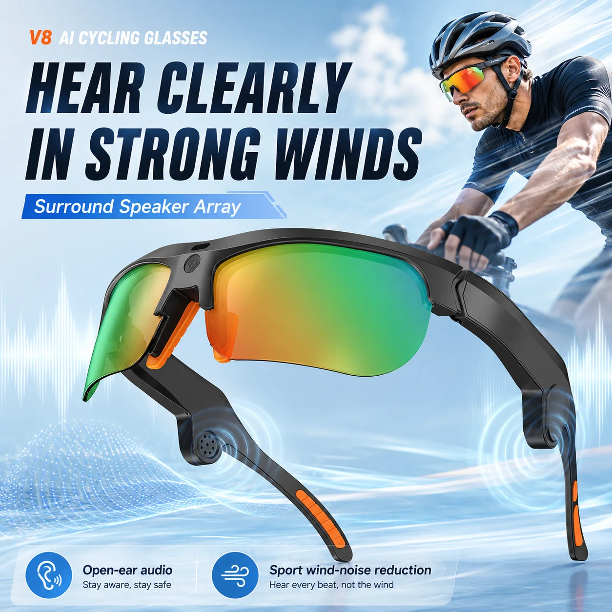 V8 Smart Camera Cycling Glasses Hands-free First Person Recording AI Translate Windproof Stereo Audio Cycling Mountaineering