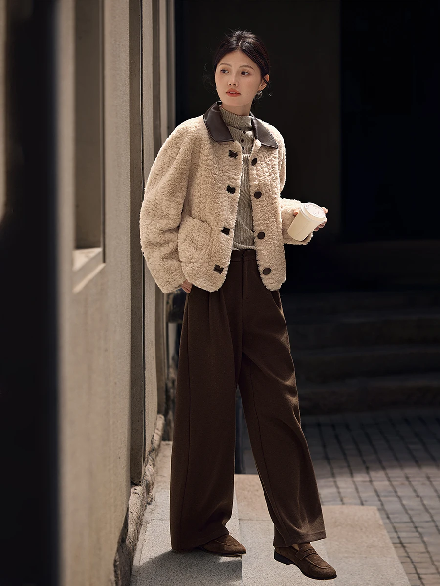 Xwi ort emenda de couro falso pele de cordeiro jaet feminino inverno ele pele de couro entrançado superior commute sle regular sve