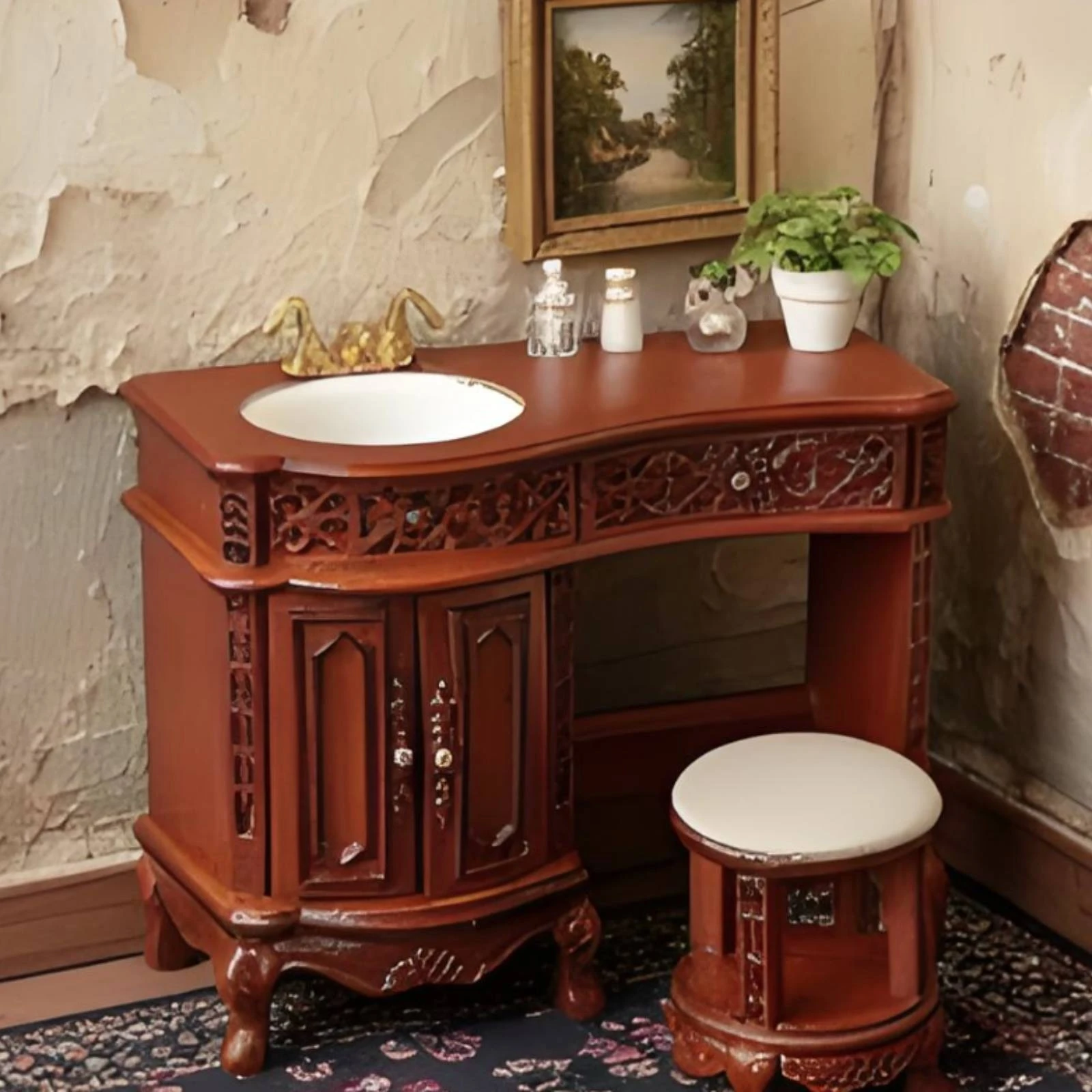 Dollhouse Vanity with Stool Vintage Style Dollhouse Vanity with Washbasin Sink Cabinet Carved Furniture Detailed