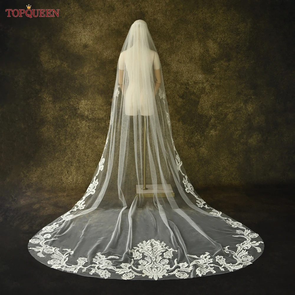 TOPQUEEN Cathedral Wedding Veil With Lace Appliques Long Embroidered Bridal Veil Single Layer Lace Edge Customizable V62