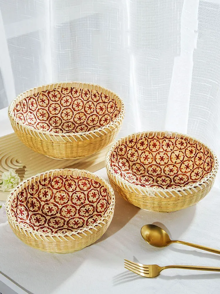 1 Pc 7/ 8.6/9.8inch Bamboo Woven Dustpan Round Cut Out Dustpan Sieve Bamboo Wooden Storage Basket Household Perforated Fruit Basket Vegetable