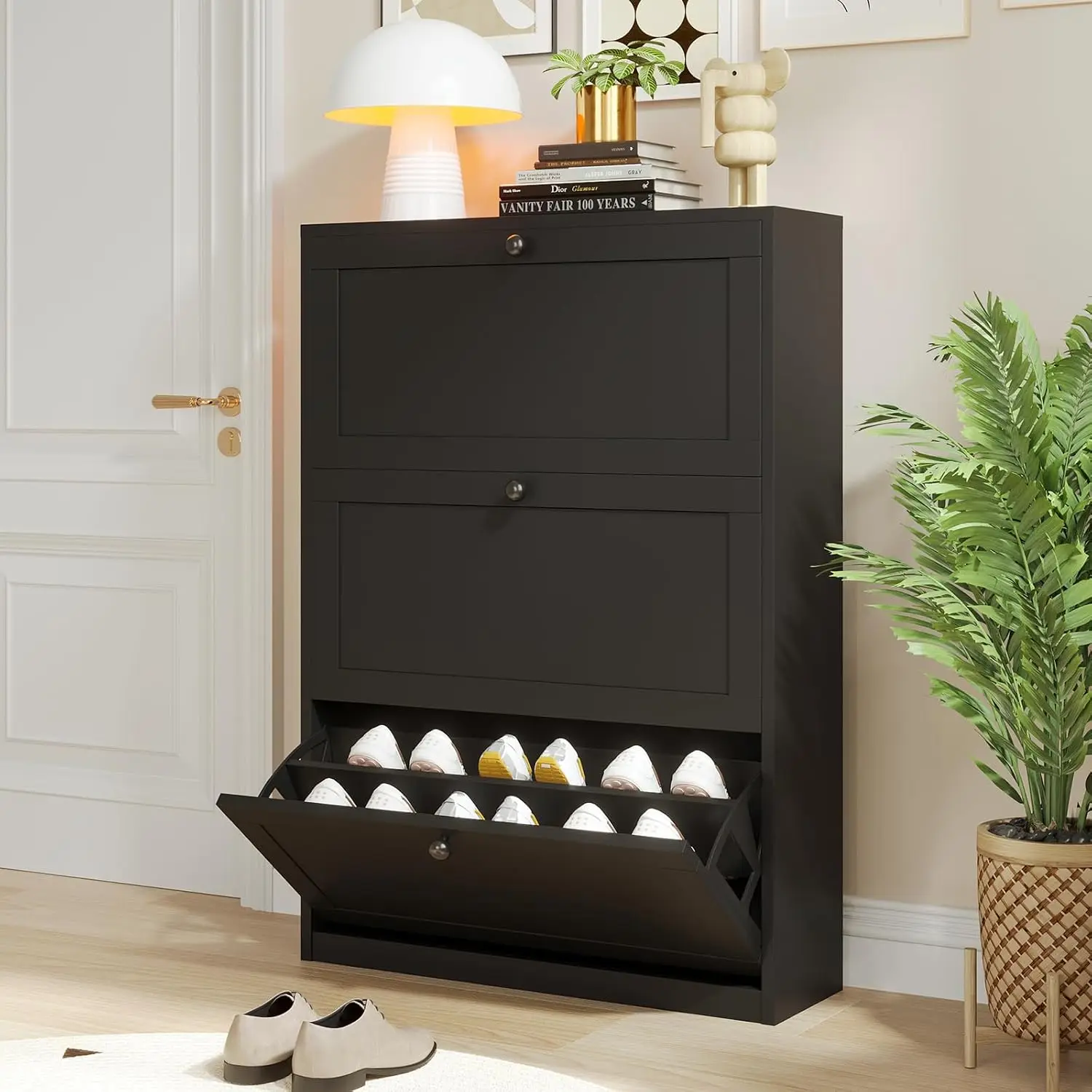Shoe Cabinet with 3 Flip Drawers & Adjustable Shelf, Freestanding Slim Rack with Anti-Tip Device for Entryway, White, Customized