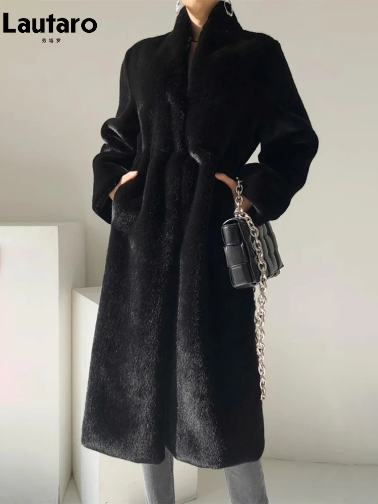 Lautaro Winter Long Black Luxury Elegant Stylish Thick Warm Fluffy Hairy Soft Faux Mink Fur Coat Women Stand Collar Sashes 2023