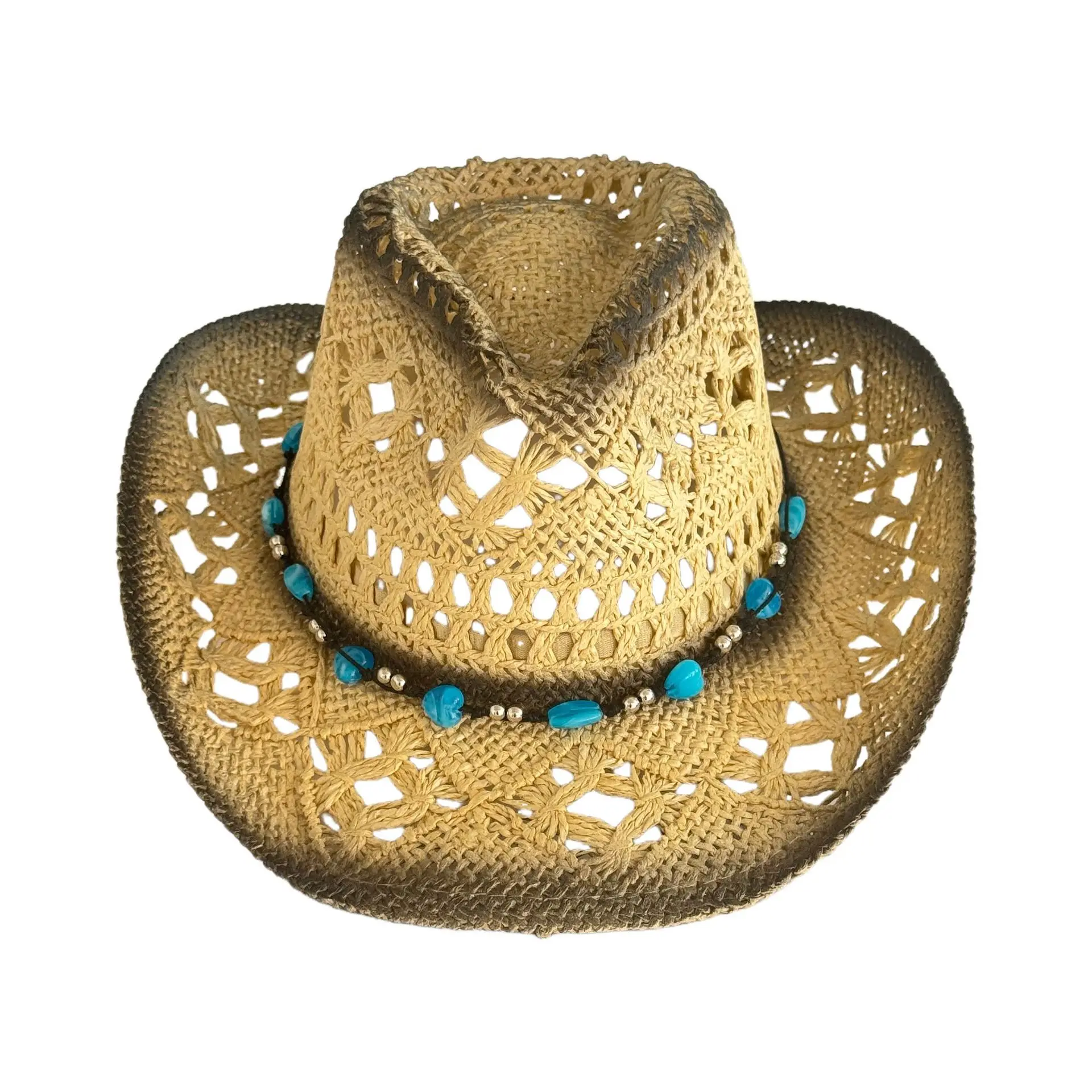 Women's Summer Beach Panama Hat, Ombre Gradient Crochet Straw Cowboy Sun Hat with Turquoise Beads, Hollow Out Wide Brim Western