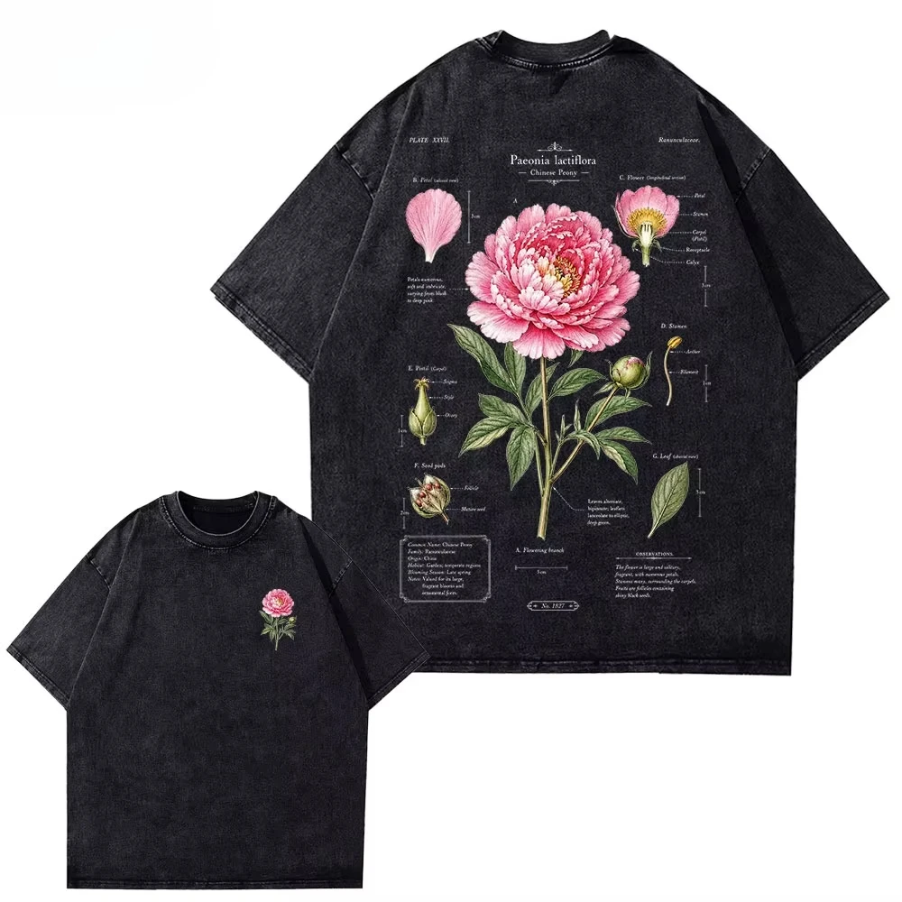Washed Vintage Peony Botanical Graphic T Shirt Retro Flower Science Illustration Print Unisex Cotton Short Sleeve Top Hot Sale