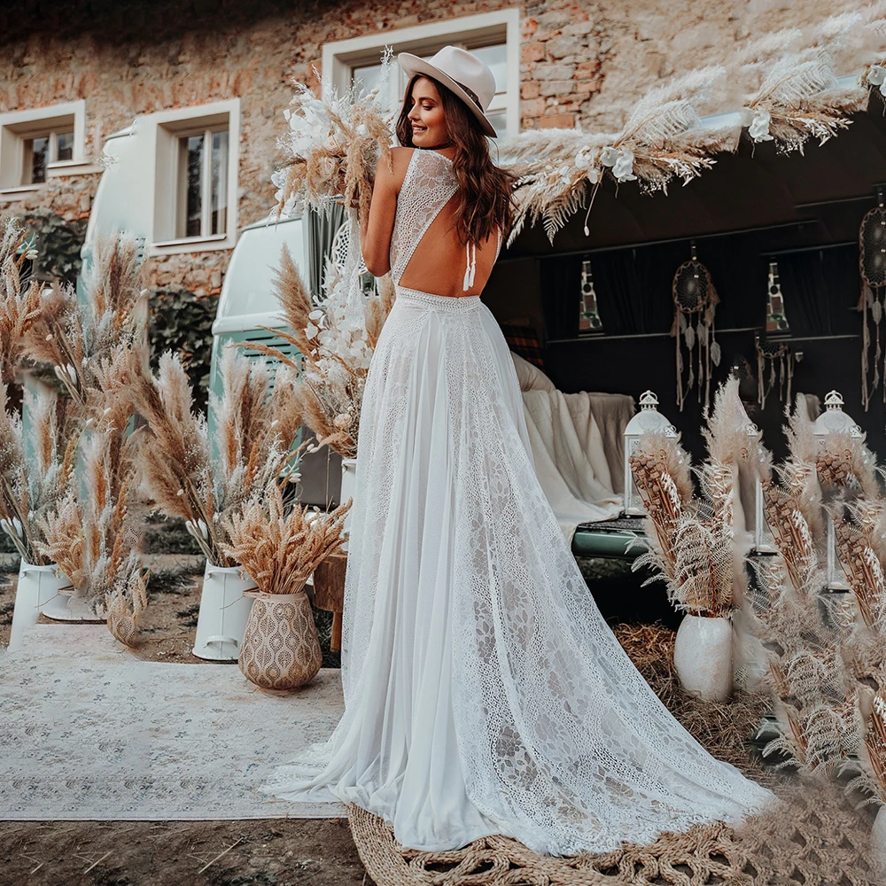 A Line Boho Lace Hippie Wedding Dress Backless Boat Neck Sleeveless Customized Chiffon Boat Neck Beach Elopement Bridal Gown