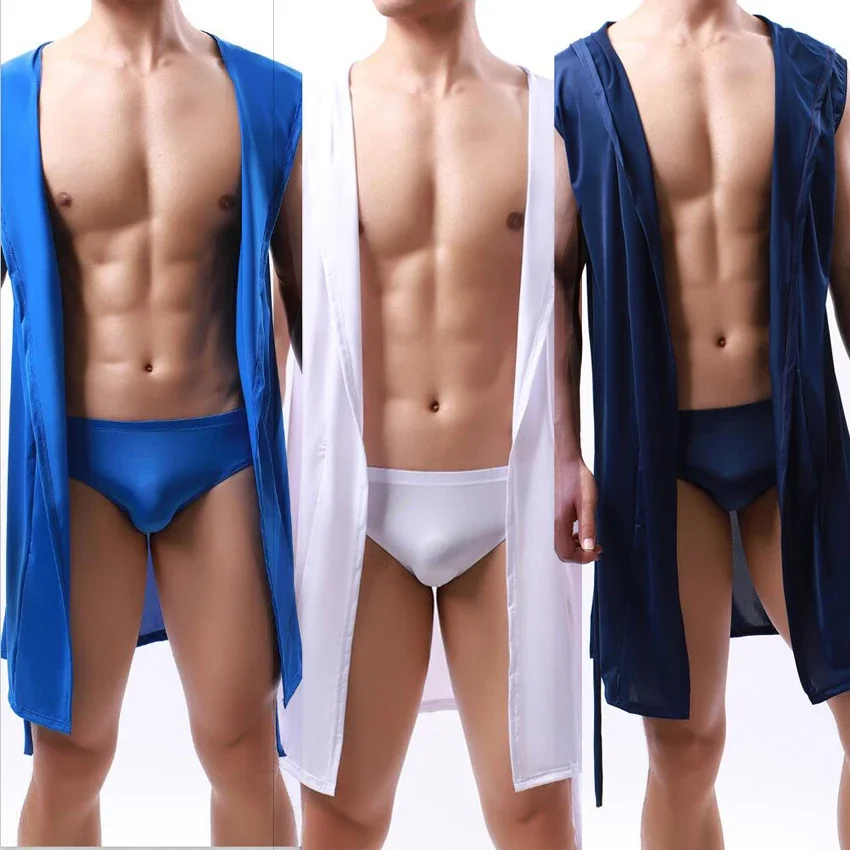 Men's Robes Summer Bathrobe Silky Hooded Sleeveless Bathrobe Sleepwear Pajamas Home Clothes