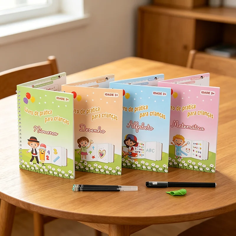 4 Books/set Reusable Portuguese Calligraphy Children'S Redstroke Training Book Groove Magic Calligraphy Practice Sticker