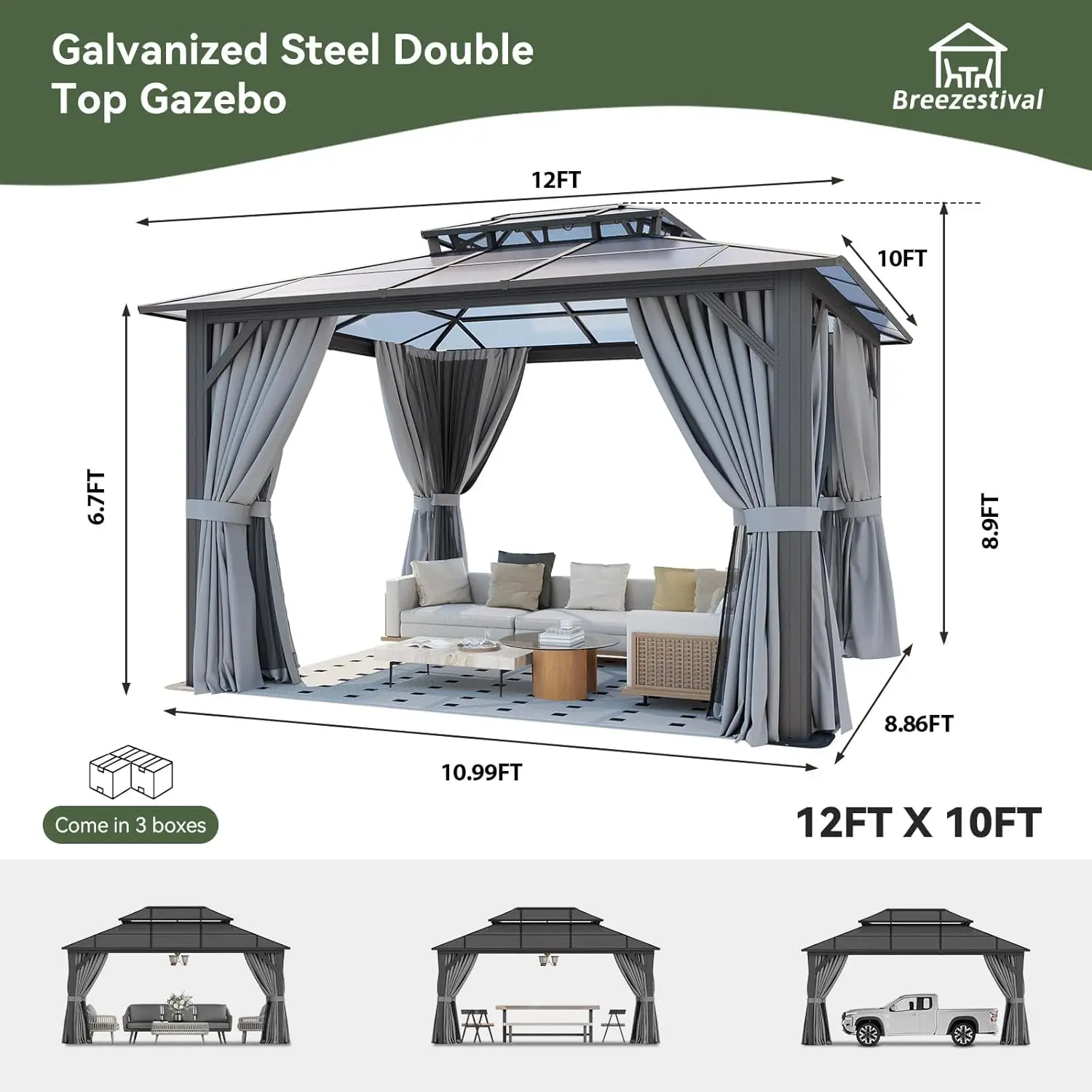 10'x12' Hardtop Gazebo Outdoor Permanent Gazebo with Double Polycarbonate Roof Canopy, Aluminum Frame Permanent, Custom