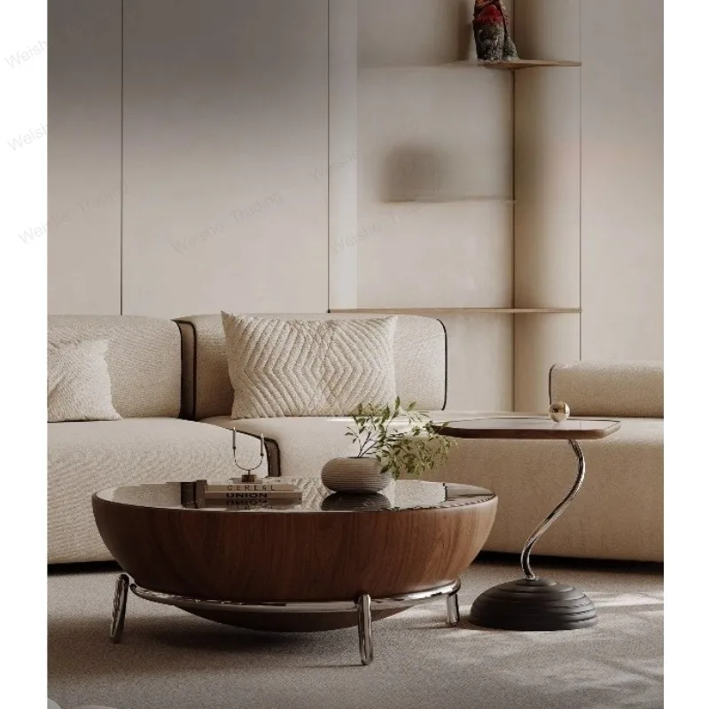 Minimalist marble coffee table combination round rock slab living room light luxury high sense