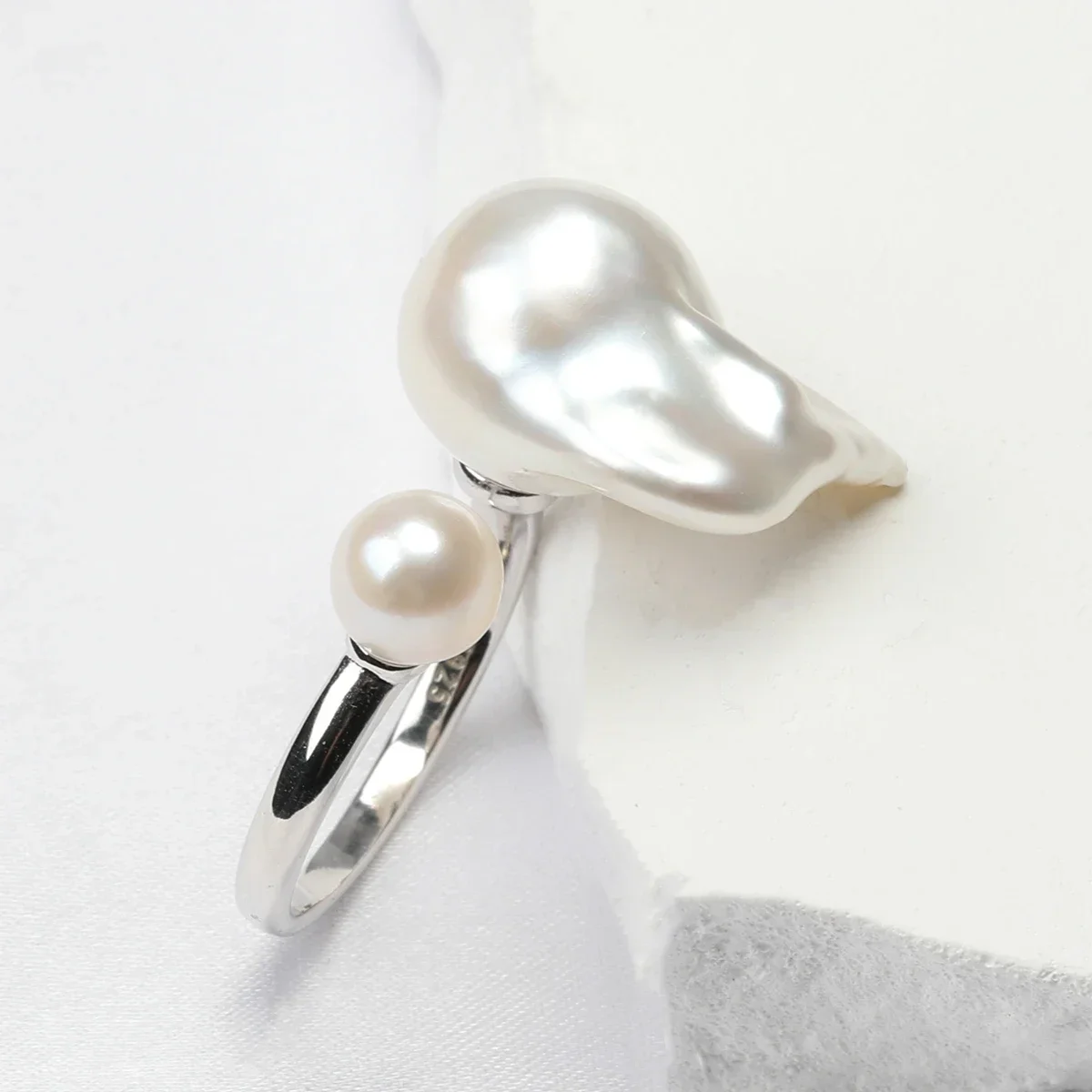 Aurora Bright White Natural Irregular Shaped Baroque Freshwater Akoya Double Pearl Ring S925 Sterling Silver Adjustable Opening