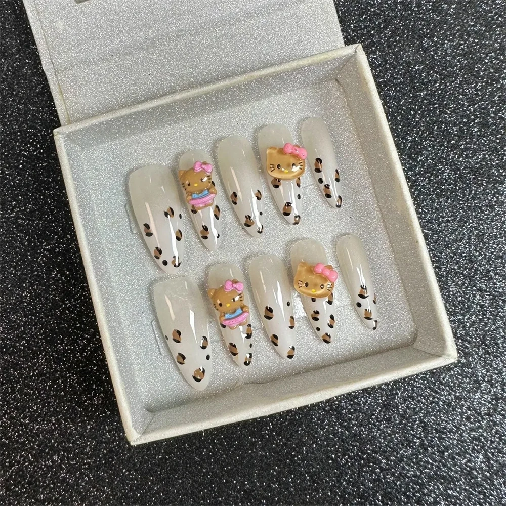 HELLOKITTY-Faux Ongles Carrés et Longs Faits à la Main, N64.Cinnamoroll Mymelody Kuromi Spice Girl, Poignées Amovibles Réutilisables, Couverture Complète, Kawaii