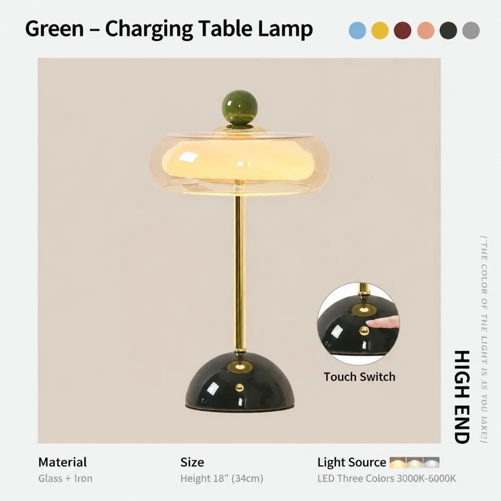 INS Style Rechargeable Retro Glass Desk Lamp Dimmable Dopamine Ambient Light Decorative Colored Table Light Desktop Study Decor