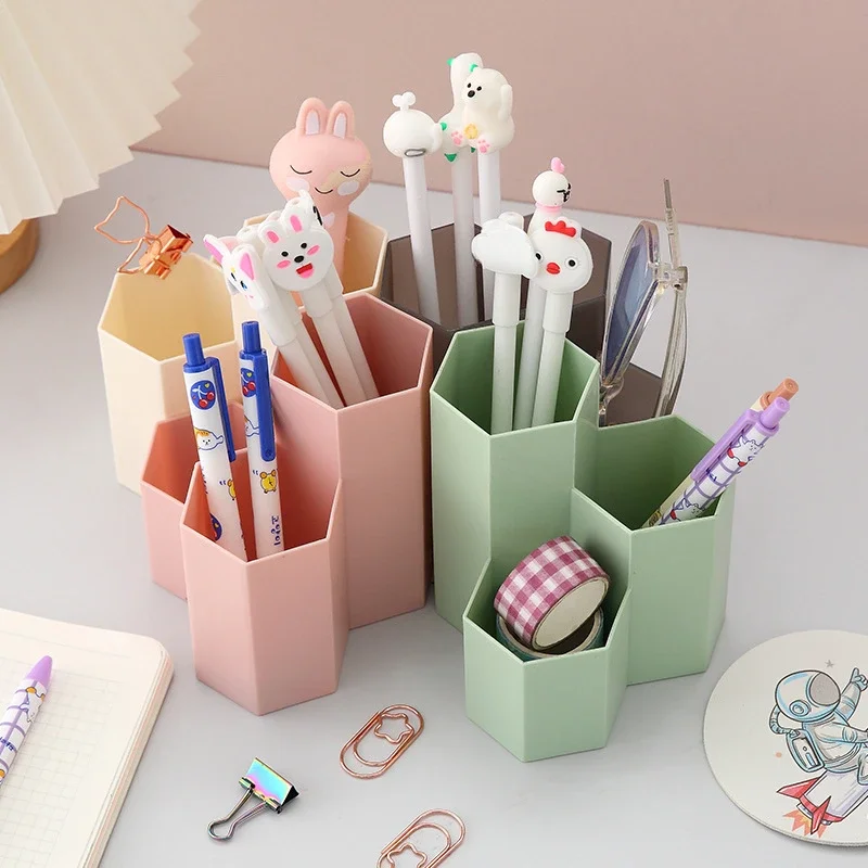 Ins Simple Hexagonal Frosted Pen Holder Cute Candy Color Girl Boy Desk Stationery Organizer Large Capacity Cosmetics Storage Box