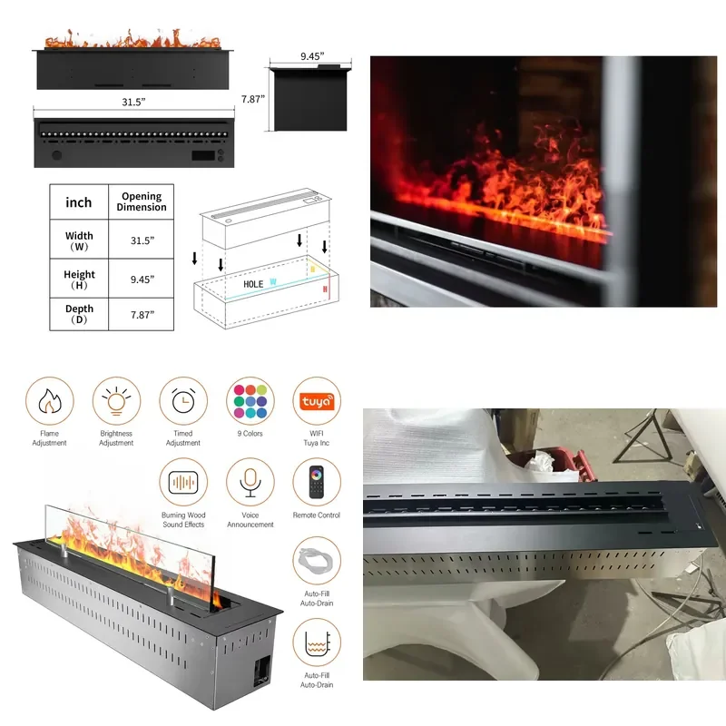 80cm Modern Electric Fireplace Insert 3D Water Flame LED Wood Stove Remote Control Indoor Heating for Living Room Villa