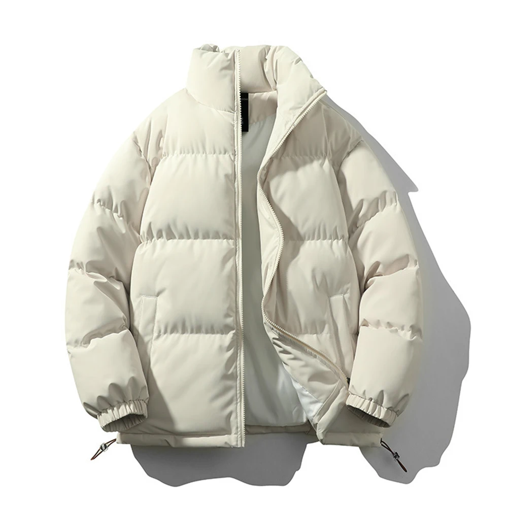 Casual For Work Black Men's Parka Jacket Stand Collar Coat Polyester Fabric Regular Length Solid Color Loose Fit